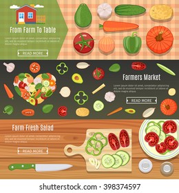 Colorful Fresh Vegetables Flat Horizontal Banners Set.  Vector Illustration