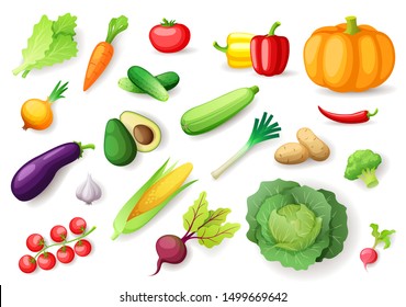 Colorful fresh vegetables set isolated, organic healthy food, vegetables collection, vector illustration