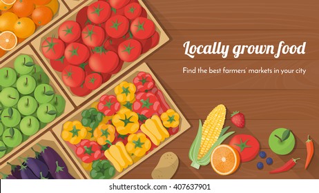 Colorful freshly harvested vegetables in crates at the farmers market, locally grown food and healthy eating concept banner