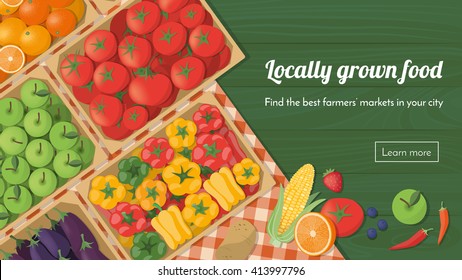 Colorful freshly harvested vegetables in crates at the farmers market, locally grown food and healthy eating concept banner