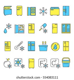 Colorful Fridge Line Icons Set. Symbols of Refrigerator, Freezer, Cooler, Portable Fridge, and more. Isolated. Vector illustration
