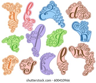 Colorful  Fridge Magnets. Funny Alphabet with Swirl, Curl and Broken Contour. Vector Illustration.