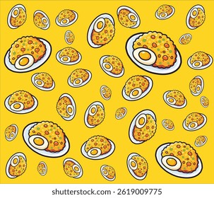 Colorful Fried Rice seamless background in cartoon style on yellow, ideal for fabric or kitchen decor.