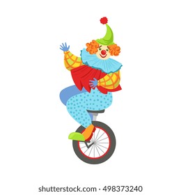 Colorful Friendly Clown Balancing On Unicycle In Classic Outfit