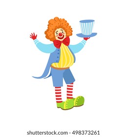 Colorful Friendly Clown Holding Top Hat In Classic Outfit