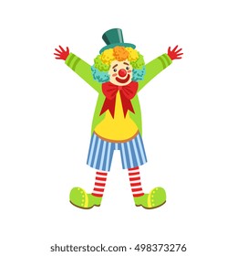 Colorful Friendly Clown With Multicolor Wig In Classic Outfit