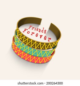 Colorful friendship bangles on beige background with stylish text Friends Forever.