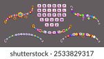 Colorful friendship bracelets made up of vibrant beads and playful charms like hearts and candies, flowers and stars, and letters on square string. Cartoon set of fun girl accessory with font for diy.