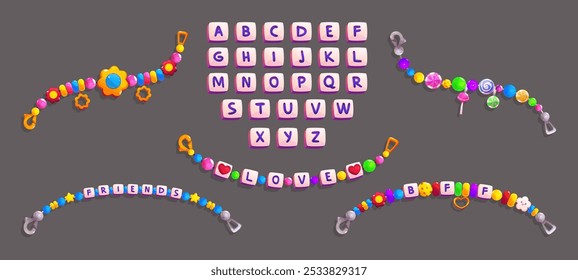 Colorful friendship bracelets made up of vibrant beads and playful charms like hearts and candies, flowers and stars, and letters on square string. Cartoon set of fun girl accessory with font for diy.