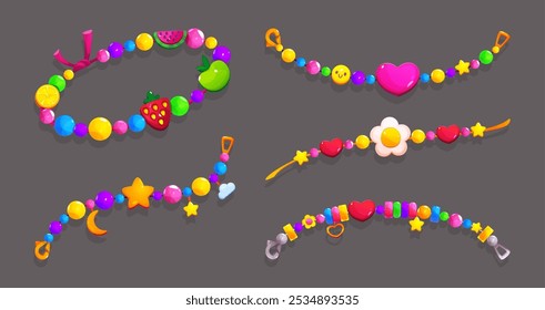 Colorful friendship bracelets made up of vibrant beads and playful charms like fruits and stars, hearts and smile, flowers and moon. Cartoon vector set of fun and cheerful child girl accessory set.