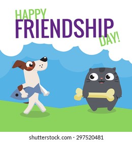 Colorful friendship day illustration card with four funny characters dog and cat who give each other a fish and bone. Vector abstract illustration