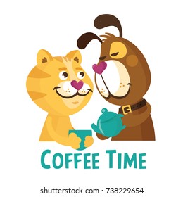 Colorful friendship day illustration card with funny dog and cat. Card, sticker, emblem about friendship