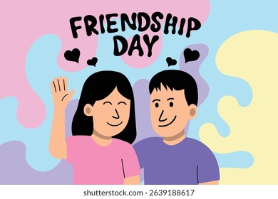 colorful Friendship Day Illustration with Happy Diverse Friends -  Friends Waving Hello in a Warm Greeting,Two cheerful friends waving in greeting or farewell, radiating friendliness and connection.	