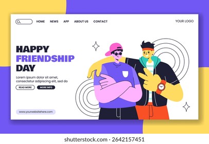 Colorful Friendship Day Social Media Landing Page Design with Hand Drawn Cartoon Characters