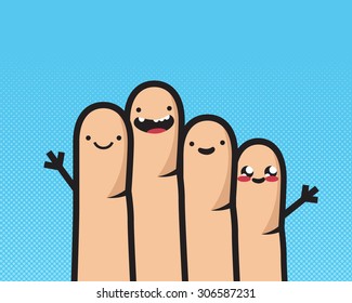 Colorful friendship illustration with four funny smiling fingers. Vector abstract illustration