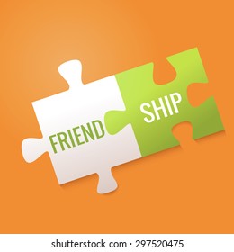 Colorful friendship  illustration with two connected puzzle pieces illustration on orange background. Vector abstract illustration