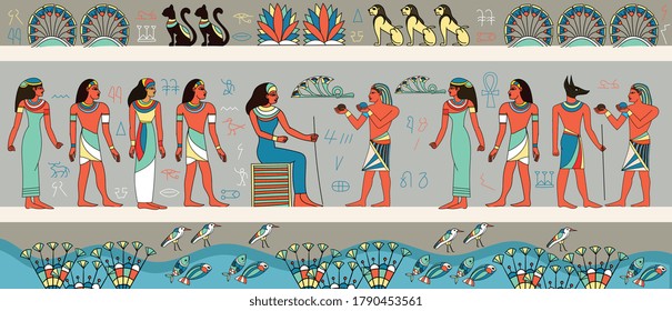 Colorful frieze or panorama banner depicting ancient Egyptians around a woman seated on a throne, colored vector illustration