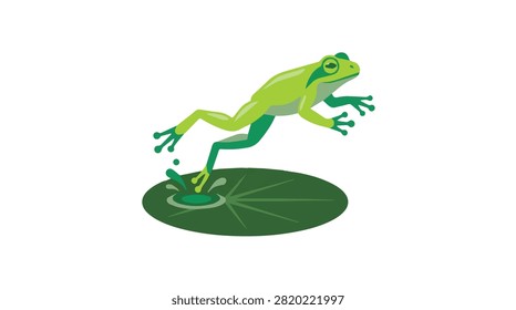 Colorful frog jumping over water lily vibrant pond scene lush greenery natural habitat lively fresh environment