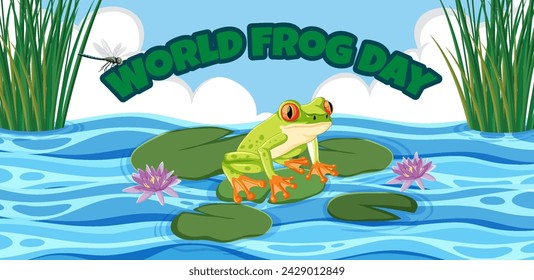 Colorful frog on lily pads with celebratory text