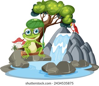 Colorful frog and parrot in a serene nature scene