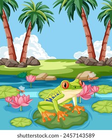 Colorful frog sitting on lily pad with flowers.