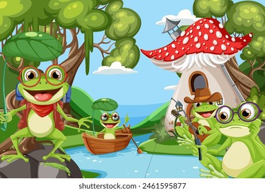 Colorful frogs fishing and relaxing by water