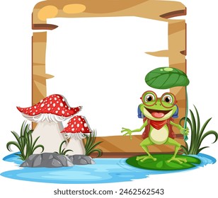 Colorful frogs fishing and relaxing by water