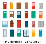 Colorful front doors to houses and buildings set in flat design style isolated, vector illustration.   