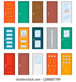 Colorful front doors to houses and buildings set in flat design style. Set of color door icons, vector illustration. Colourful realistic front doors collection. 