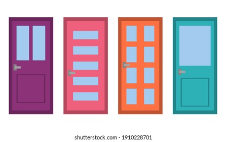 Colorful front doors to houses and buildings set in flat design style isolated, vector illustration.
