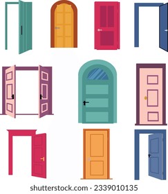 Puertas frontales coloridas a casas y edificios de diseño plano aislados, conjunto vectorial. Puertas abiertas y cerradas