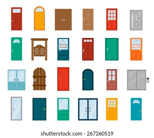 Colorful front doors to houses and buildings set in flat design style isolated, vector illustration.   