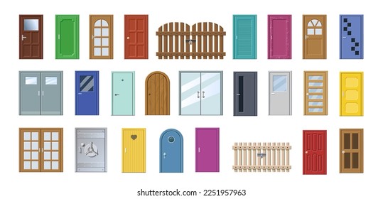 Colorful front doors. Interior and exterior door icons. entrance or exit to houses and buildings. Wooden doorway flat design style isolated, vector illustration.