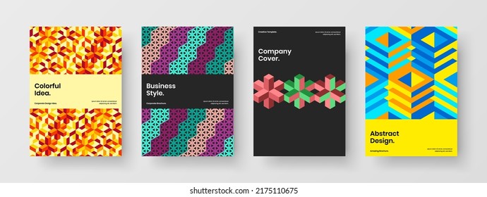Colorful front page A4 vector design layout bundle. Isolated mosaic shapes presentation concept collection.