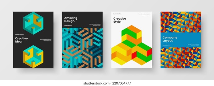 Colorful front page A4 vector design concept bundle. Fresh mosaic pattern pamphlet template set.