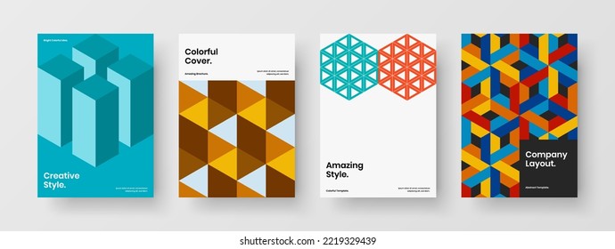 Colorful front page design vector template set. Amazing geometric tiles presentation illustration collection.