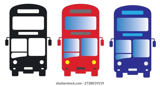 Coloridas ilustraciones de vista frontal de autobuses clásicos de dos pisos para el diseño de transporte