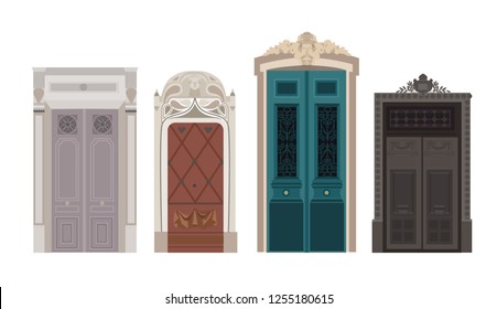 Colorful front wooden door to houses, home and buildings set in flat design style. Cute vector illustration of French antique, vintage, retro doors.