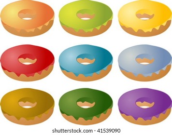 Colorful frosted icing donuts icon set many different colors