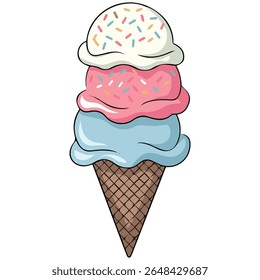 Colorful frozen dessert in crispy waffle cone isolated vector illustration on white background