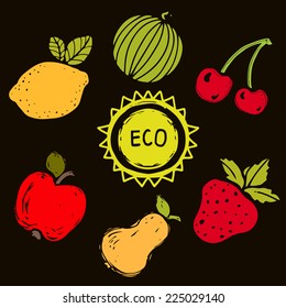 Colorful fruit and berries silhouettes set, funny hand drawn icons isolated on a black background. Art logo design