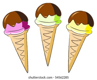 Colorful fruit ce cream scoops in a gluten free waffle cone with Chocolate glazing. Vector illustration.