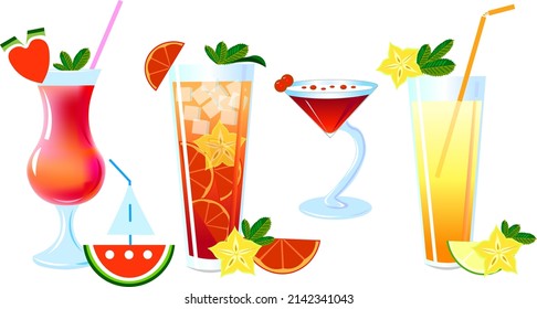 Colorful Fruit Cocktails glasses carambola Watermelon Lime grapefruit and Mint Set Vector