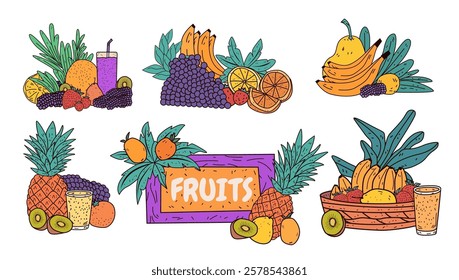 Colorful fruit collection tropical theme with bananas pineapples berries oranges kiwis and juices in vibrant arrangements. Perfect for website design or templates