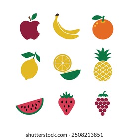 Farbige Obstkollektionsvektor. Symbol für einen Satz Früchte. Apfel, Banane, Orange, Zitrone, Kiefernapfel, Wassermelone, Erdbeere und Trauben Illustration. flache Fruchtformen.