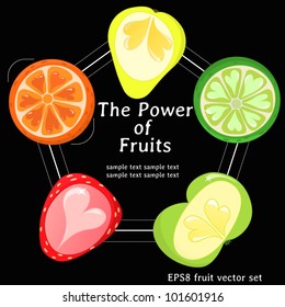 The colorful fruit concept with hearts. Vector illustration contains apple, pear, orange, strawberry and lime.