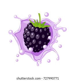 Colorful Fruit Design. Blackberry In Lilac-colored Milk Splash Burst. Vector Illustration Cartoon Flat Icon Isolated On White.