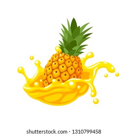 Colorful Fruit Design. Pineapple Yellow Juice Splash Burst. Vector Illustration Cartoon Flat Icon Isolated On White.