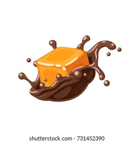 Colorful fruit design. Red strawberry in chocolate splash burst. Vector illustration cartoon flat icon isolated on white.