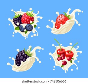 Colorful fruit design. Set of berries in white milk splash burst. Vector illustration cartoon flat icon collection isolated on blue.